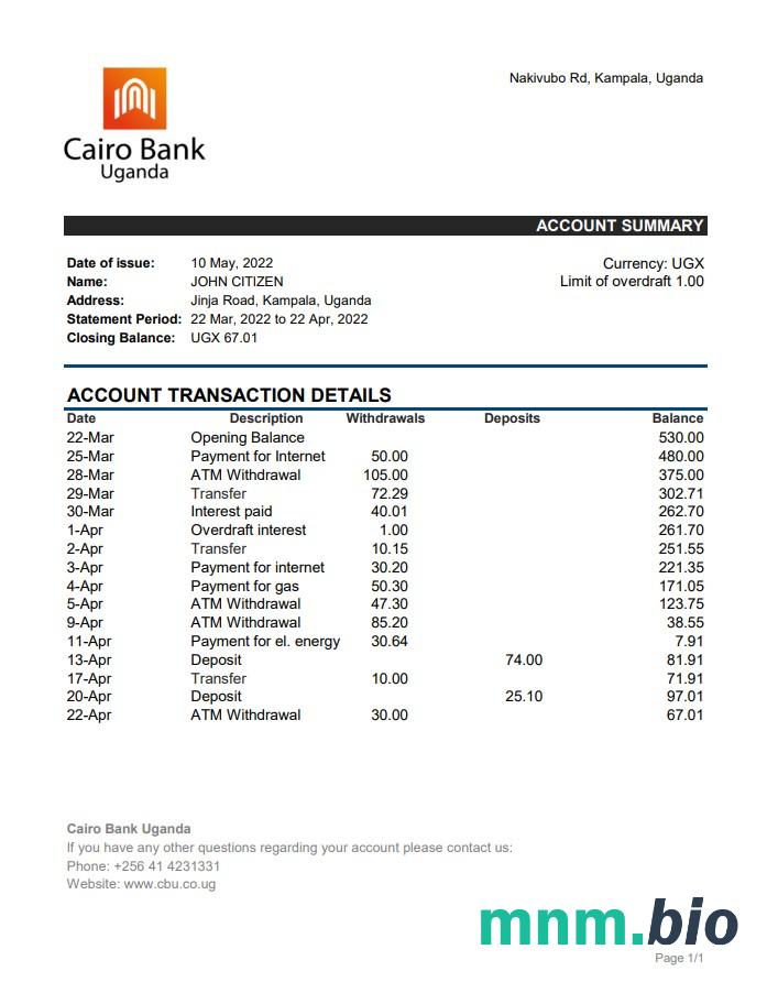 Wyciąg bankowy Uganda Cairo, szablon Excel i PDF